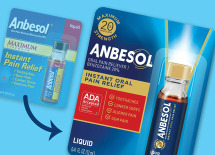 Anbesol Liquid Maximum Strength Oral Anesthetic Liquid, Instant Oral Pain Relief 0.41 Ounce (Pack Of 12)