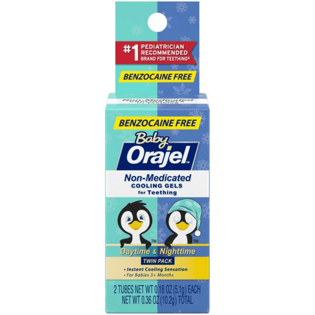 Orajel Baby Daytime & Nighttime Cooling Gels for Teething, Relief of Painful Gums, Drug-Free, Two 0.18oz Tubes (Pack Of 3)