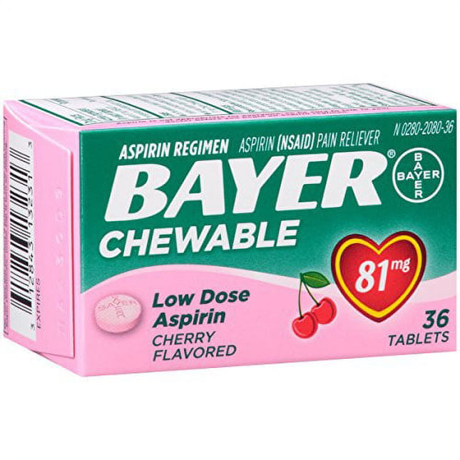 Bayer Chewable Aspirin Regimen Low Dose Pain Reliever Tablets 81mg Cherry 36 Ct (Pack Of 1)