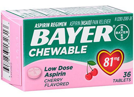 Bayer Chewable Aspirin Regimen Low Dose Pain Reliever Tablets 81mg Cherry 36 Ct (Pack Of 12)