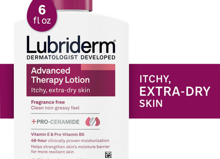 Lubriderm Advanced Therapy Moisturizing Hand & Body Lotion, Pro-Ceramide with Vitamins E & Pro-Vitamin B5, Fragrance Free, Intense Hydration for Itchy, Extra Dry Skin, Non-Greasy, 6 ounce (Pack Of 8)