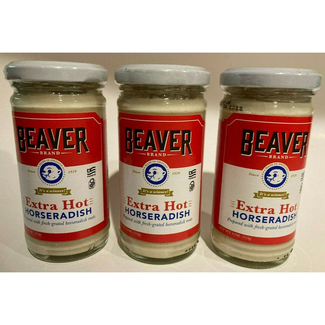 Beaver Extra Hot Horseradish Jar, fresh-grated horseradish roots, really spicy, 4 Ounce (Pack Of 3)