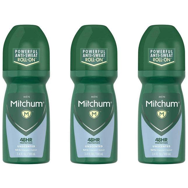 Mitchum Men Powerful Anti-Sweat Antiperspirant Deodorant Roll On, Unscented, 3.4 oz (Pack Of 3)