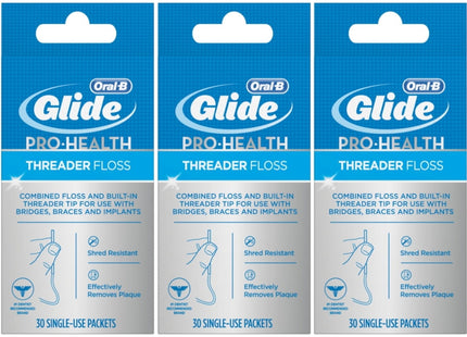 Oral-B Glide Pro-Health, Dental Threader Floss, For Braces Bridges Implants, 30 Count (Pack Of 3)