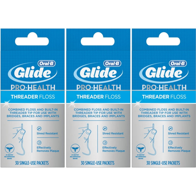 Oral-B Glide Pro-Health, Dental Threader Floss, For Braces Bridges Implants, 30 Count (Pack Of 3)