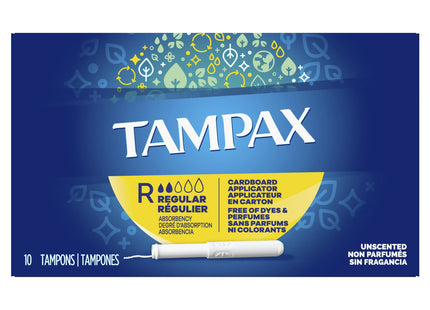 Tampax Cardboard Tampons, Regular, Absorbency, Anti-Slip Grip, Leak-Guard Skirt, Unscented, 10 Count (Pack Of 24)