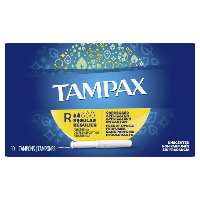 Tampax Cardboard Tampons, Regular, Absorbency, Anti-Slip Grip, Leak-Guard Skirt, Unscented, 10 Count (Pack Of 6)