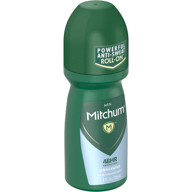 Mitchum Men Powerful Anti-Sweat Antiperspirant Deodorant Roll On, Unscented, 3.4 oz (Pack Of 8)