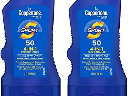 Coppertone SPORT Body Sunscreen Lotion, SPF 50, Water Resistant, Broad Spectrum, Travel Size, 3 Ounce (Pack Of 2)