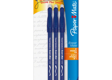 Paper Mate Erasermate Stick Medium Tip Ballpoint Pens, 3 Blue Ink Pens (Pack Of 1)