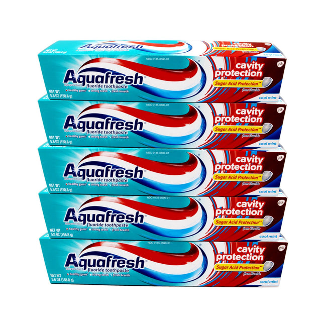 Aquafresh Cavity Triple Protection Fluoride Toothpaste, strong teeth & fresh breath, Cool Mint, 5.6 Ounce (Pack Of 5)