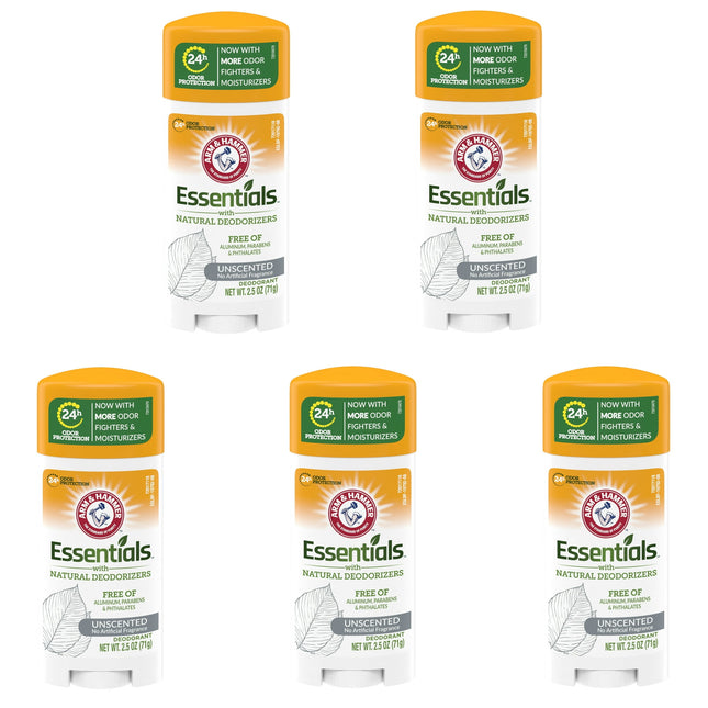 Arm & Hammer Essentials, Natural, Solid, Antiperspirant Deodorant, Unscented 2.5 Ounce (Pack Of 5)