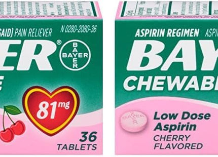 Bayer Chewable Aspirin Regimen Low Dose Pain Reliever Tablets 81mg Cherry 36 Ct (Pack Of 12)