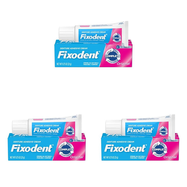 Fixodent Original, Complete Secure Denture Adhesive Cream, All Day Strong And Long Hold, 0.75 ounce (Pack Of 3)