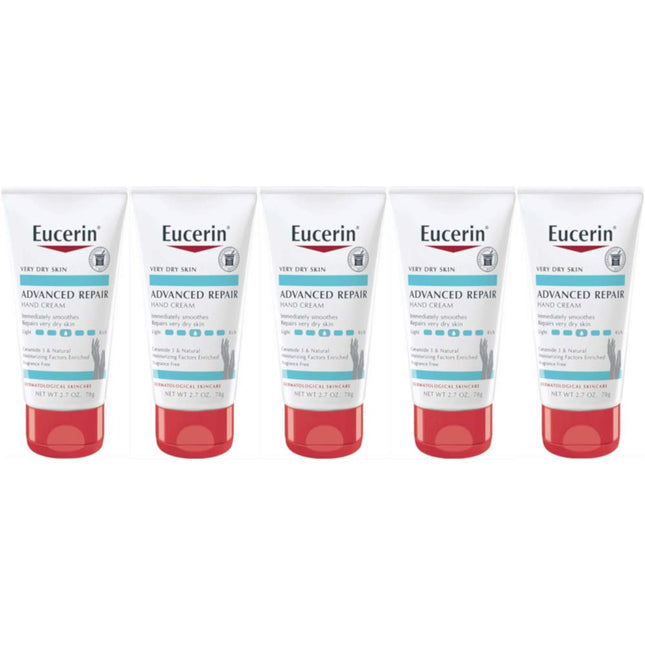 Eucerin Advanced Repair Extra-Enriched Hand Cream, Hand Moisturizer Enriched, Fragrance Free, Travel Size, 2.7 Ounce (Pack Of 5)