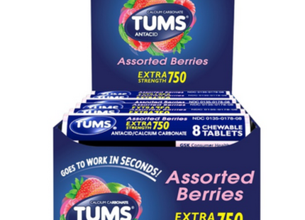 TUMS Extra Strength Assorted Berries Antacid Chewable Tablets for Heartburn Relief, 8 count (Pack Of 12)