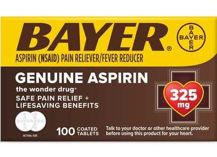 Genuine Bayer Aspirin Pain Reliever, Fever Reducer, 325mg Coated Tablets, 100 Count (Pack Of 6)