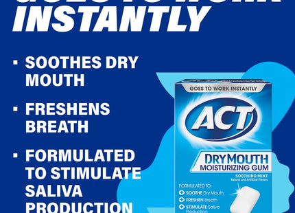 ACT Dry Mouth Moisturizing Gum, Soothing Mint, Sugar Free, 20 Count (Pack Of 2)