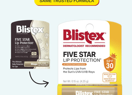 Blistex Five Star Lip Protection Balm stick, Moisture Shield with SPF 30, Wind & Water-Resistant Lip Care, 0.15 Ounce (Pack Of 12)