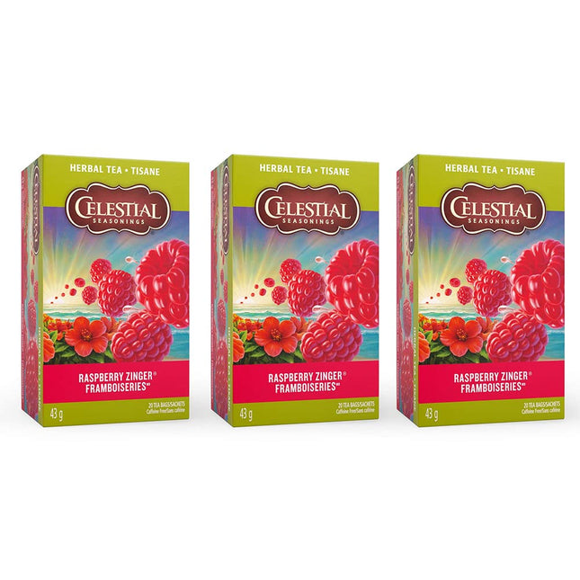 Celestial Seasonings Raspberry Zinger Naturally Caffeine-Free Herbal Tea, 20 Count (Pack Of 3)