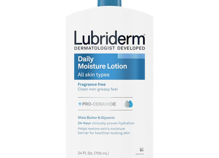 Lubriderm Daily Moisture Body Lotion, Hydrating, Pro-Ceramide, VitaminB5, Shea Butter &amp; Glycerin, For All Skin Type, Unscented, 24 Ounce (Pack Of 12)