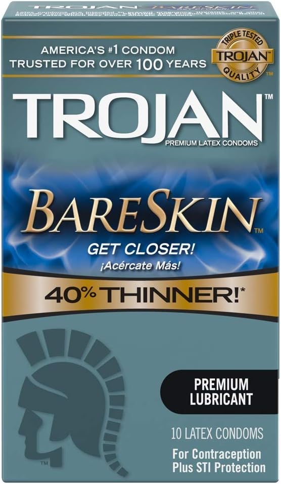 Trojan Bareskin Premium Thin Lubricated Condoms, Sensitivity Bare Skin, 10 Count (Pack Of 4)