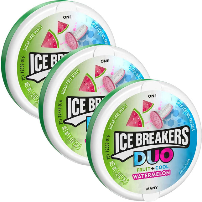 Ice Breakers Duo Fruit + Cool, Watermelon Flavored, cooling crystal, Sugar Free Mints Candy, 1.3 Ounce (Pack Of 3)