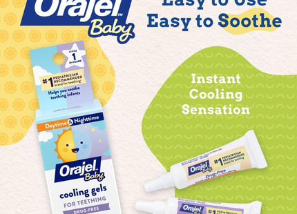 Orajel Baby Daytime & Nighttime Cooling Gels for Teething, Relief of Painful Gums, Drug-Free, Two 0.18oz Tubes (Pack Of 12)