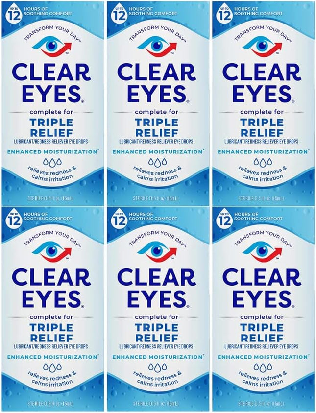 Clear Eyes Triple Relief Lubricant Eye Drops 0.5 Fl Oz (Pack Of 6)