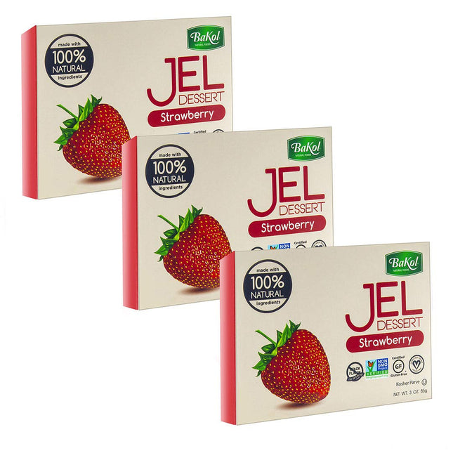 Bakol Jel Dessert, All Natural Vegan Dessert Mix, Kosher, No Artificial Sweeteners, Strawberry Flavor, 3 Ounce (Pack Of 3)