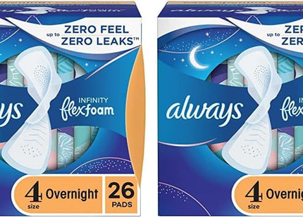 Always Infinity FlexFoam Pads with wings for Women, Size 4, Overnight Absorbency, Unscented, 26 Count (Pack Of 1)