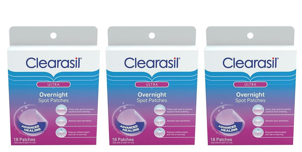 Clearasil Overnight Spot Patches, Advanced Healing, Hydrocolloid Acne Pimple Trea, 18 Count (Pack Of 3)