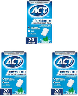 ACT Dry Mouth Moisturizing Gum, Soothing Mint, Sugar Free, 20 Count (Pack Of 3)