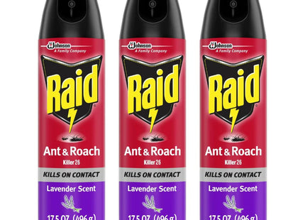 Raid Ant & Roach Killer Spray 26, Indoor and Outdoor Insecticide, Lavender Scent, Aerosol Spray, 17.5 Ounce (Pack Of 3)