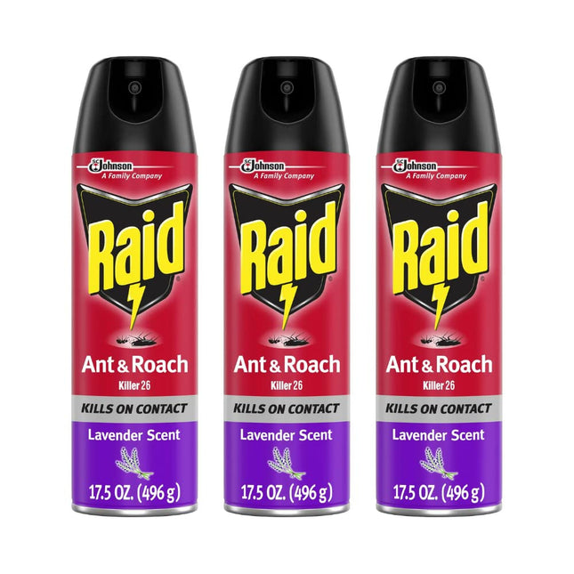 Raid Ant & Roach Killer Spray 26, Indoor and Outdoor Insecticide, Lavender Scent, Aerosol Spray, 17.5 Ounce (Pack Of 3)