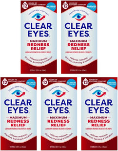 Clear Eyes Maximum Redness Eye Relief Lubricant Eye Drops 0.5 Fl Oz (Pack Of 5)