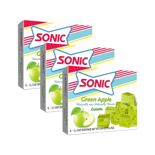 Sonic Green Apple Gelatin Mix, Fat Free Dessert Mix with Iconic SONIC Drive-In Flavor, 3.94 Ounce (Pack Of 3)