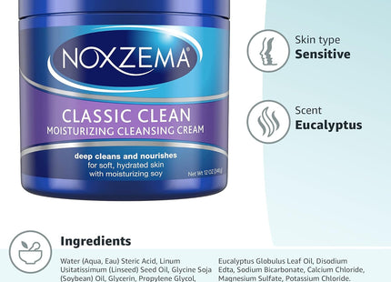 Noxzema Classic Moisturizing Facial Cleanser Cream, With Real Eucalyptus Extract, For All Skin, 12 Ounce (Pack Of 3)