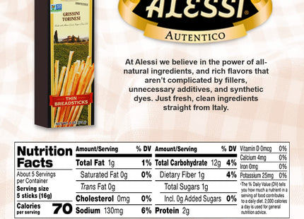 Alessi Imported Breadsticks, Thin Autentico Italian Crispy Bread Sticks, Low Fat Made with Extra Virgin Olive Oil, 3 Ounce (Pack Of 1)