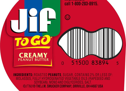 Jif To Go Creamy Peanut Butter Cups Creamy, Smooth and Creamy Texture, Snack Size Packs, 1.5 Ounce 8 Cups Each, (Pack Of 1)