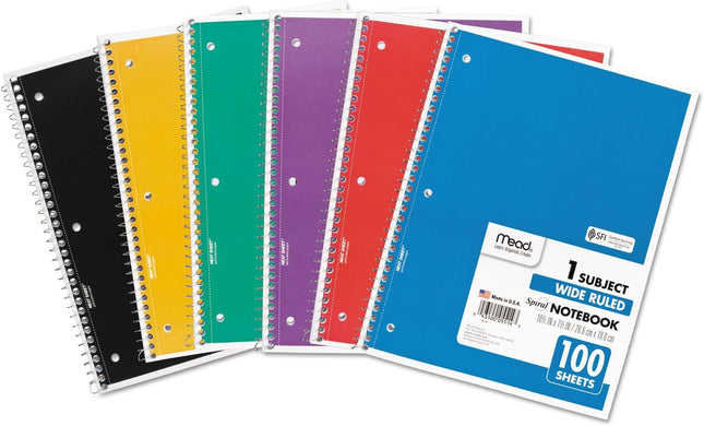 Mead Spiral Notebook,1-Subject,Wide Rule, 8 x 10-1/2, 100 Sheets (6 Pack)