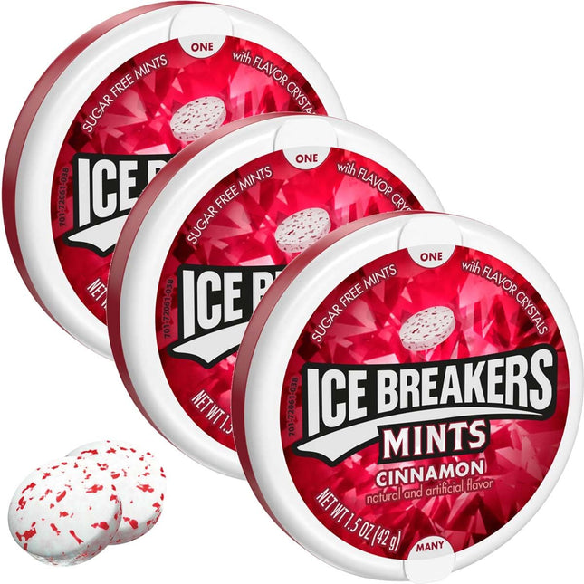 Ice Breakers cinnamon flavor crystals, Sugar Free, Fresh Breath, Mints Tin, 1.5 Ounce (Pack Of 3)