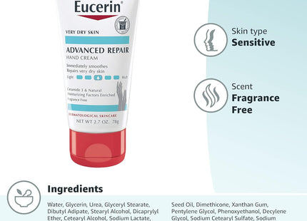 Eucerin Advanced Repair Extra-Enriched Hand Cream, Hand Moisturizer Enriched, Fragrance Free, Travel Size, 2.7 Ounce (Pack Of 1)