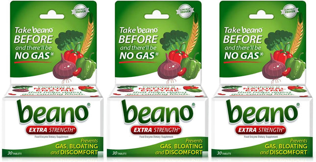 Beano Extra Strength Gas Prevention & Digestive Enzyme Supplement Tablets, 30 Count (Pack Of 3)