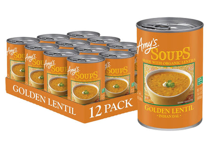 Amy’s Soup, Vegan Golden Lentil Soup, Gluten Free Indian Dal, Made With Organic Red Lentils and Yellow Split Peas, Canned Soup, 14.4 Oz