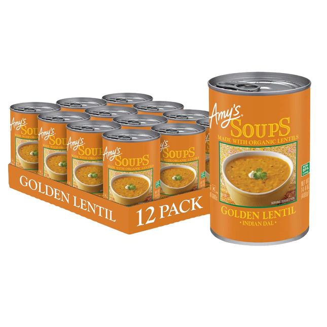 Amy's Soup, Vegan Golden Lentil Soup, Indian Dal, Organic Red Lentils and Yellow Split Peas, Canned Soup, 14.4 Oz (Pack Of 12)