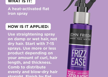 John Frieda Frizz Ease Keratin-Infused 3-Day Straightening Flat Iron, Straight Semi-Permanent Hair Styling Spray, 3.5 fl ounce (Pack Of 2)