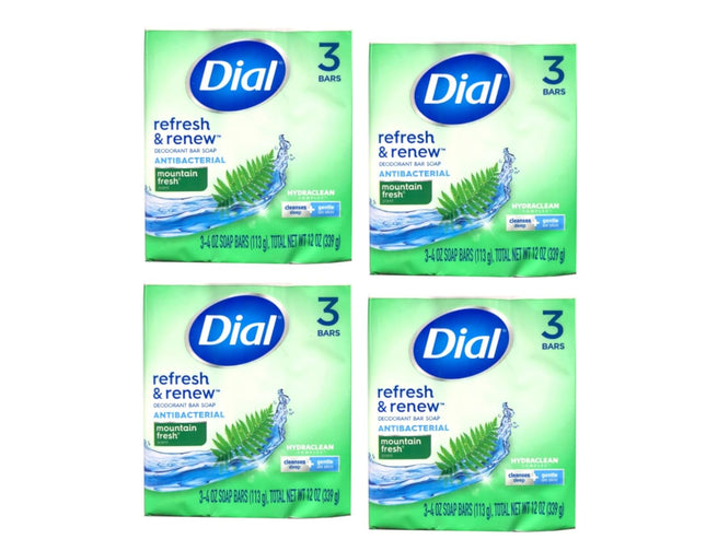 Dial Antibacterial Deodorant Bar Soap, Mountain Fresh, for Unisex, 3 Bars 4 Ounce Each (Pack Of 4)