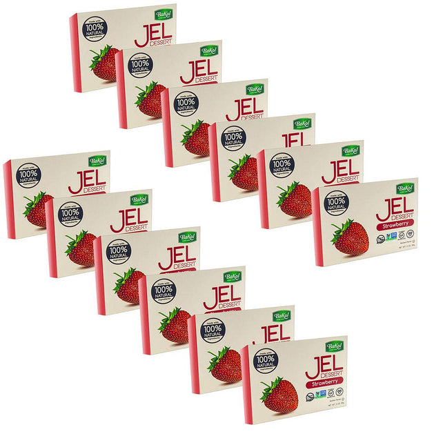 Bakol Jel Dessert, All Natural Vegan Dessert Mix, Kosher, No Artificial Sweeteners, Strawberry Flavor, 3 Ounce (Pack Of 12)