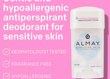 Almay  AntiPerspirant & Deodorant, Hypoallergenic, Dermatologist Tested for Sensitive Skin, Fragrance Free, Clear Gel, 2.25 Ounce (Pack Of 24)